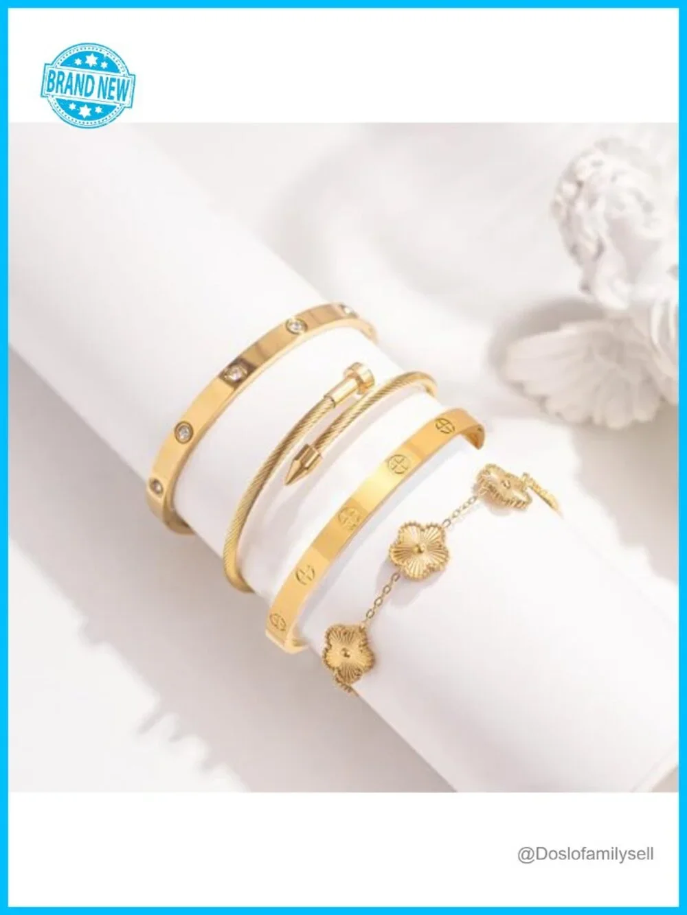 Gold Plated Stackable Floral Bangle Bracelet Set - 4Pcs Stainless Steel CZ